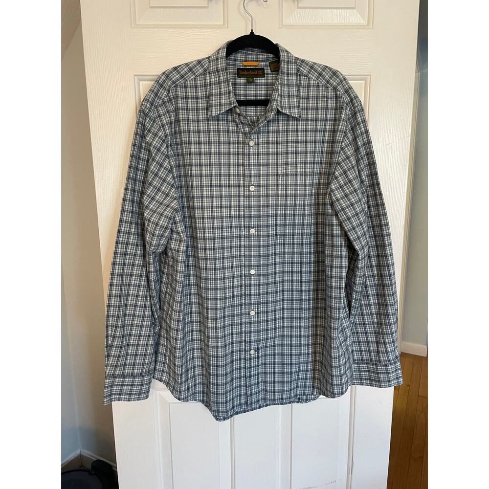Timberland Mens XL Long Sleeve Button Up Polo 100% Cotton Plaid Gray White